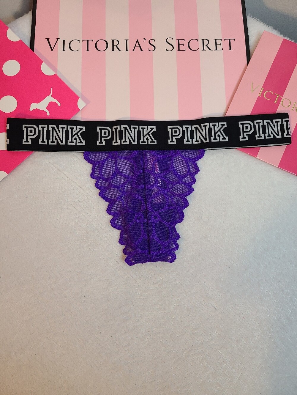 Rare Y2K VS PINK Thick Logo Band Lace Extra Low Rise Thong Panty Size Sm